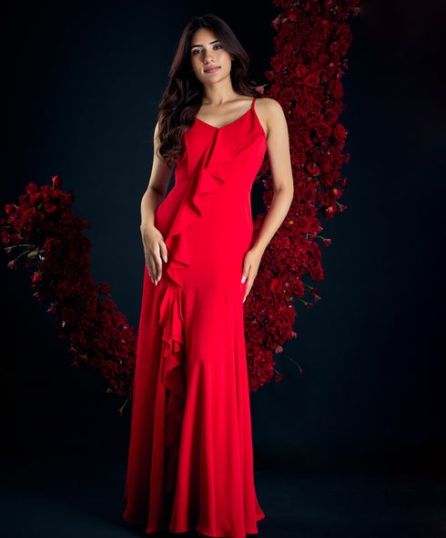 Red Frilled Maxi Dress